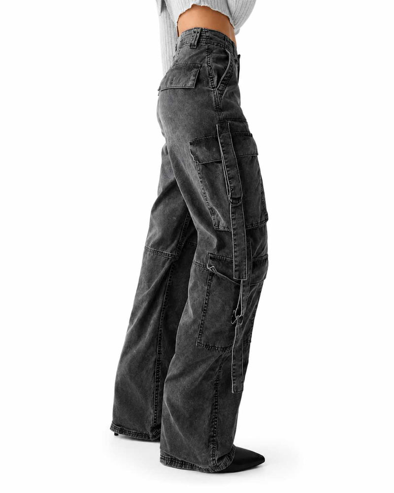 Back View Women's Baggy Cargo Trendy Wide Leg High Waist Dark Grey Denim - Eizaro