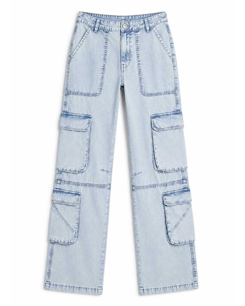 Full Length View Baggy Cargo Multiple Pockets Wide Leg Light Blue Denim Pants - Eizaro