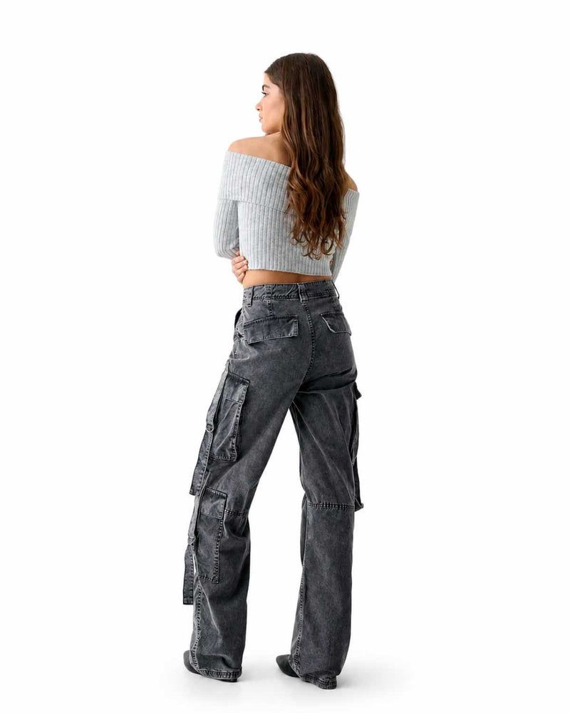 Side View Women's Baggy Cargo Relaxed Fit Wide Leg High Waist Dark Grey Denim - Eizaro