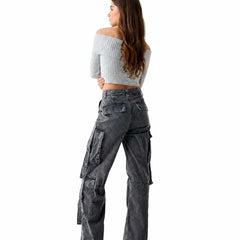 Side View Women's Baggy Cargo Relaxed Fit Wide Leg High Waist Dark Grey Denim - Eizaro