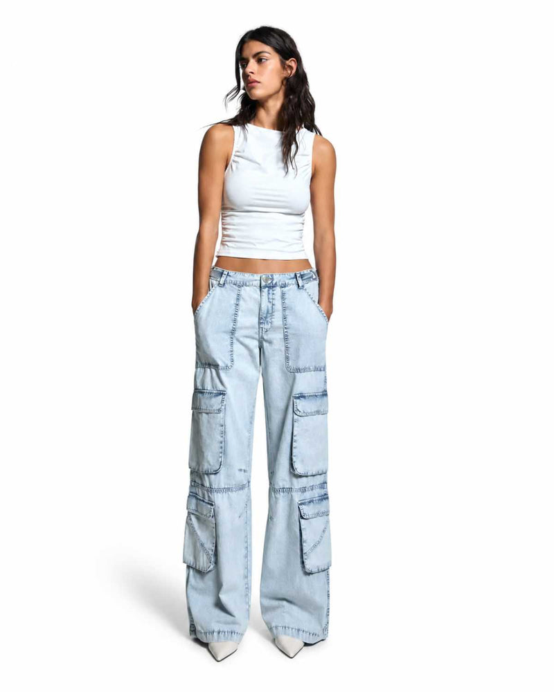 Side View Women's Baggy Cargo Trendy Wide Leg High Waist Light Blue Denim - Eizaro