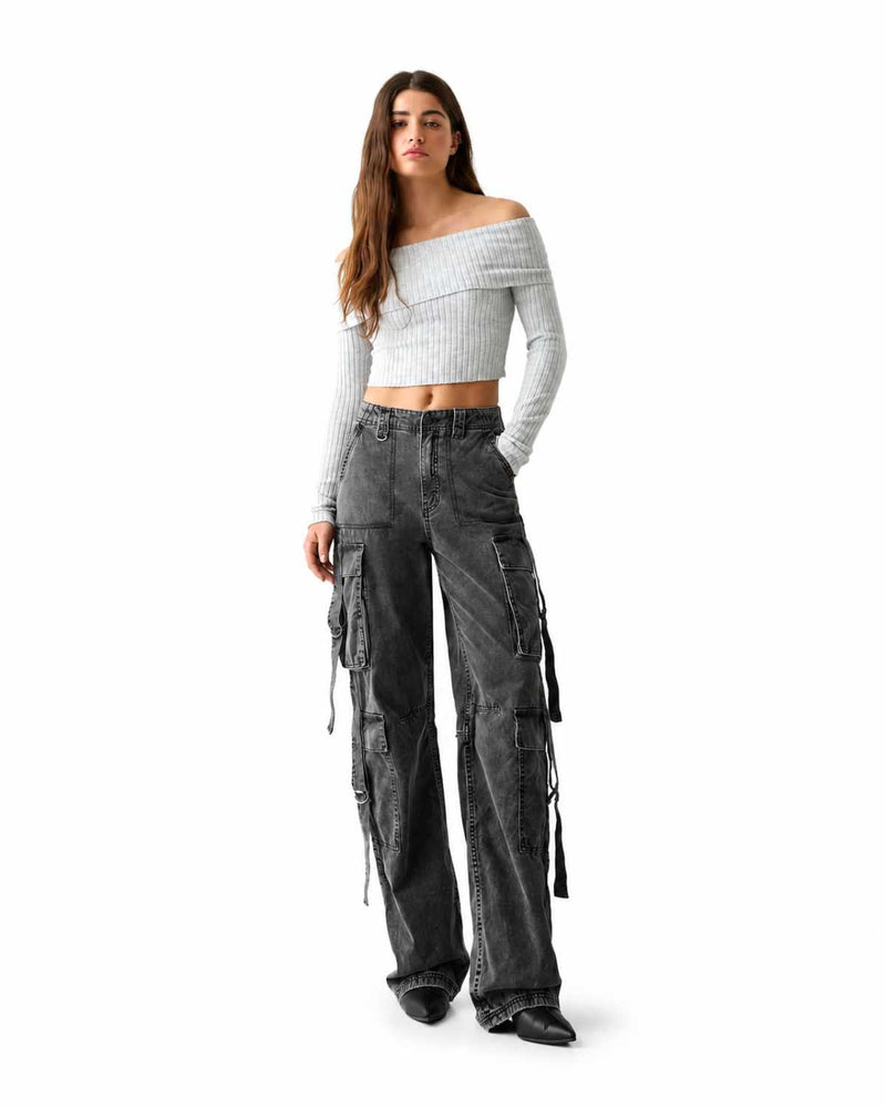 Styled Full Length View Baggy Cargo Wide Leg High Waist Dark Grey Denim Pants - Eizaro