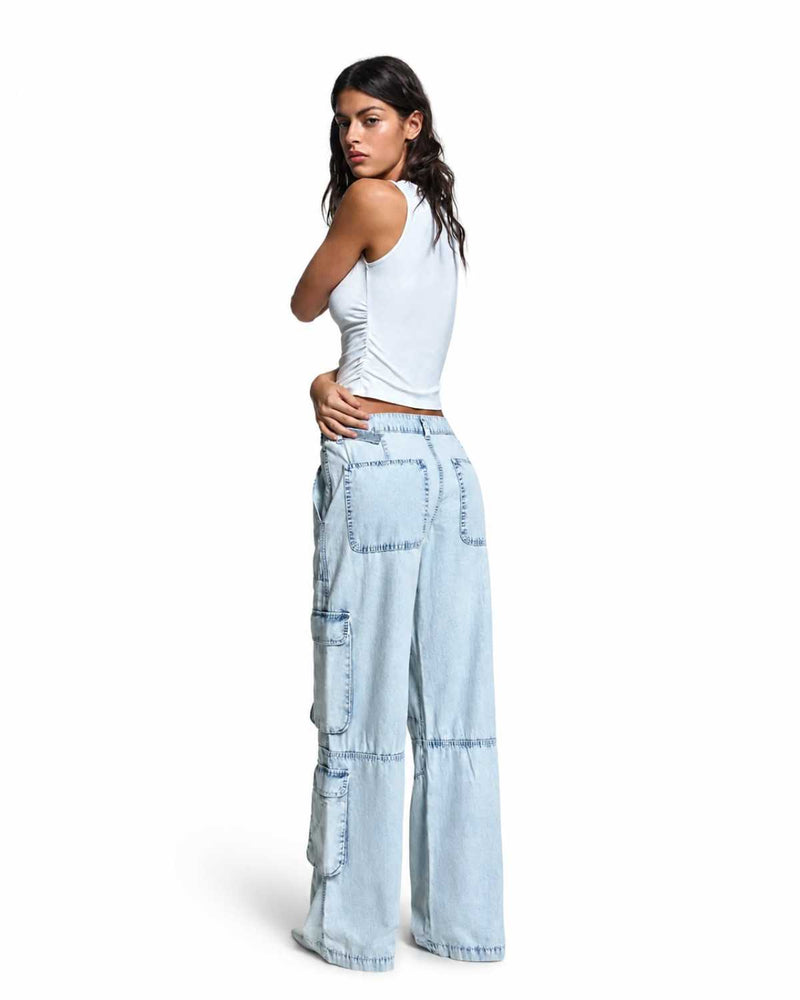 Styled Full Length View Baggy Cargo Wide Leg High Waist Light Blue Denim Pants - Eizaro