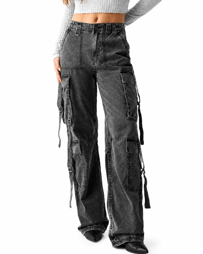 Women's Baggy Cargo Wide Leg High Waist Dark Grey Denim Pants Front View - Eizaro