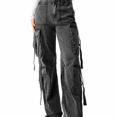 Women's Baggy Cargo Wide Leg High Waist Dark Grey Denim Pants Front View - Eizaro