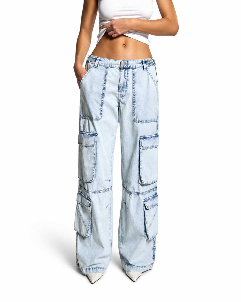 Women's Baggy Cargo Wide Leg High Waist Light Blue Denim Pants Front View - Eizaro