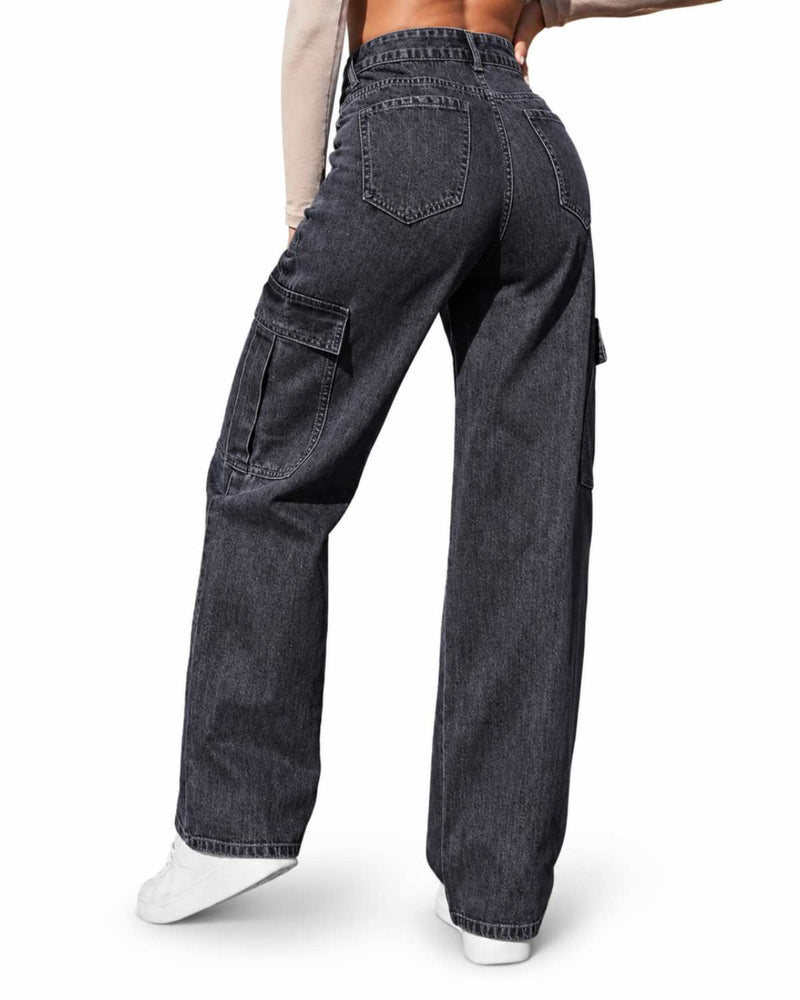 Full Length Front View Charcoal Grey Wide Leg High Waist Denim Jeans - Eizaro