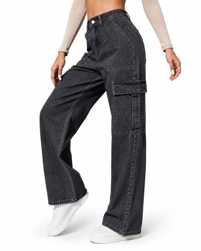 Side Full Length View Charcoal Grey Wide Leg High Waist Pure Denim Jeans - Eizaro