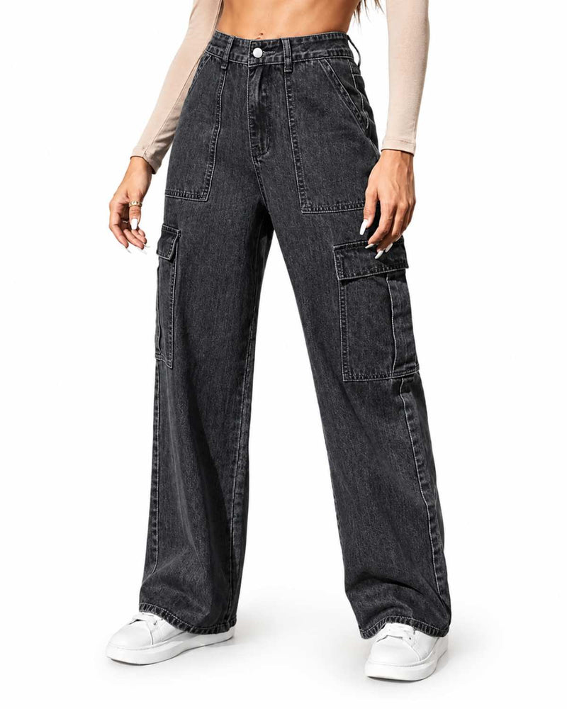 Women's Charcoal Grey Wide Leg High Waist Pure Denim Jeans Front View - Eizaro