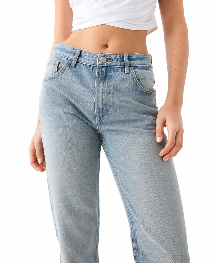 Close Up Waist View Women's High Rise Straight Leg Light Blue Denim Jeans - Eizaro