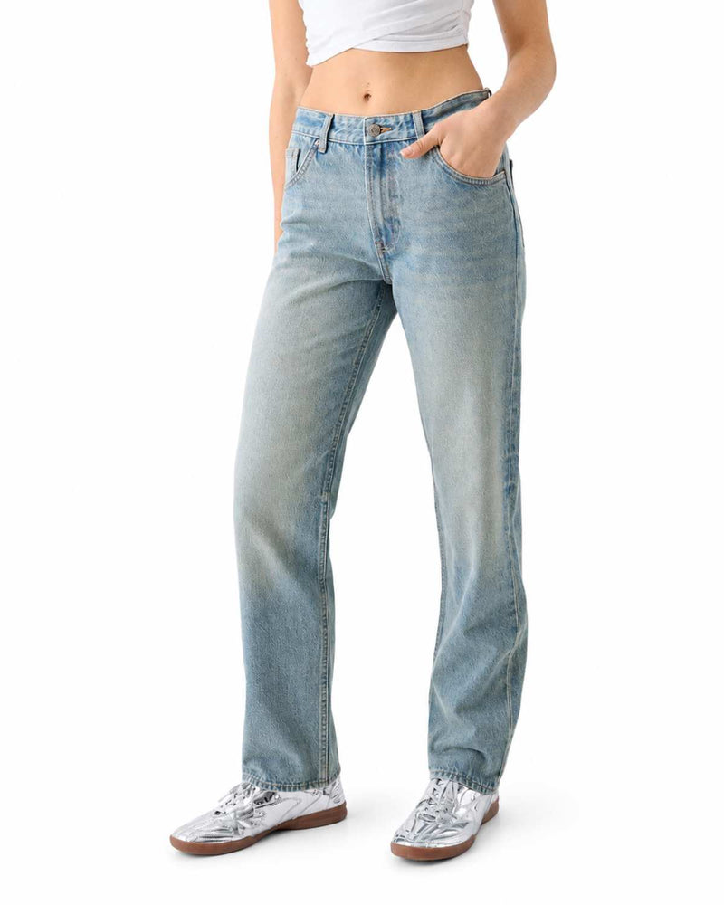 Styled Full Length View High Rise Straight Leg Light Blue Denim Jeans - Eizaro