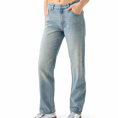 Styled Full Length View High Rise Straight Leg Light Blue Denim Jeans - Eizaro