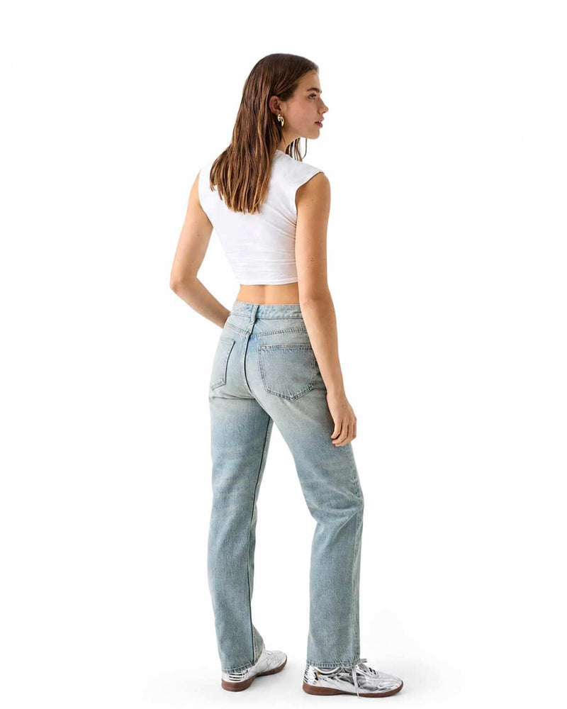 Women's High Rise Straight Leg Light Blue Denim Jeans Side View - Eizaro