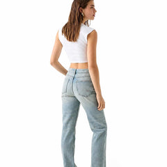 Women's High Rise Straight Leg Light Blue Denim Jeans Side View - Eizaro