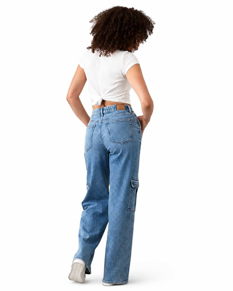 Full Length Front View Modern Wide Cargo Wide Leg High Waist Light Blue Denim - Eizaro