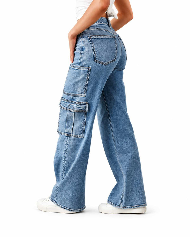 Side Detail View Modern Wide Cargo Adjustable Straps Wide Leg Light Blue Denim - Eizaro