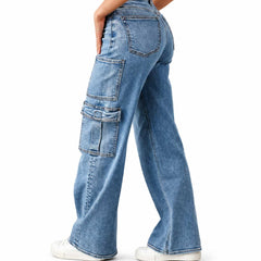 Side Detail View Modern Wide Cargo Adjustable Straps Wide Leg Light Blue Denim - Eizaro