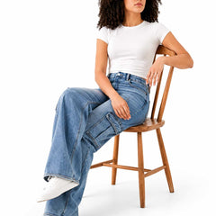 Sitting Side View Women's Modern Wide Cargo Wide Leg High Waist Light Blue Denim - Eizaro