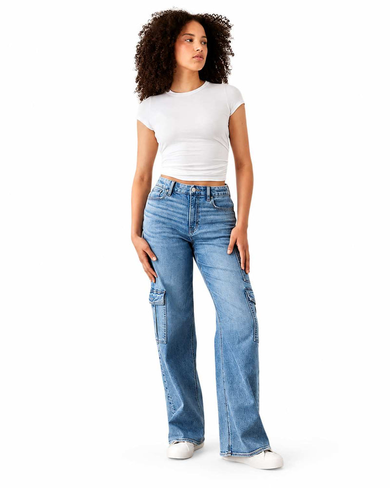Styled Full Length View Women's Modern Wide Cargo High Waist Light Blue Denim Jeans - Eizaro