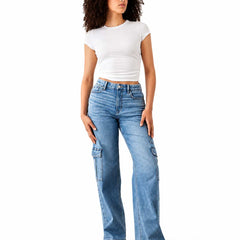 Styled Full Length View Women's Modern Wide Cargo High Waist Light Blue Denim Jeans - Eizaro