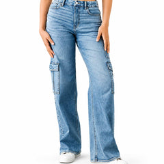 Women's Modern Wide Cargo High Waist Light Blue Denim Jeans Front View - Eizaro