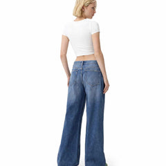 Back View Women's Trendy Wide Leg High Waist Medium Blue Denim Jeans - Eizaro