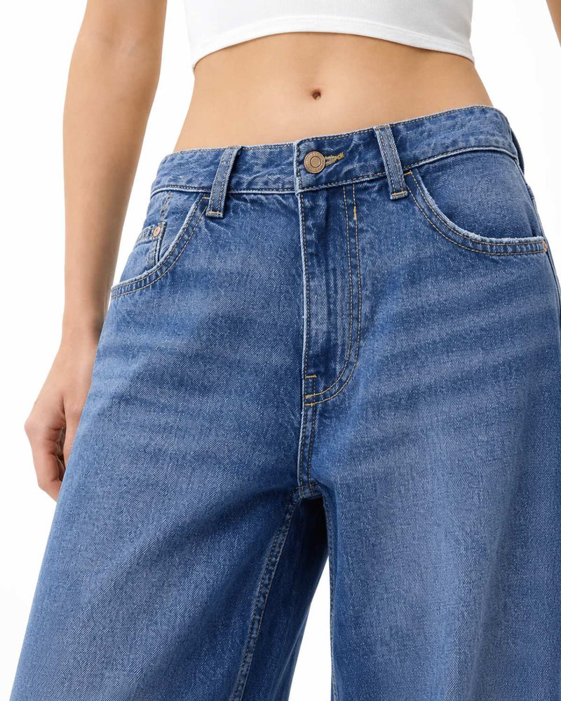Close Up Front View Wide Leg High Waist Medium Blue Denim Jeans - Eizaro