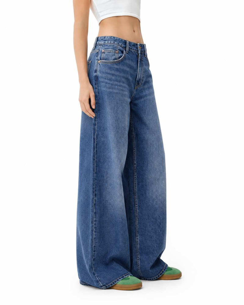 Side View Women's Wide Leg High Waist Relaxed Fit Medium Blue Denim Jeans - Eizaro
