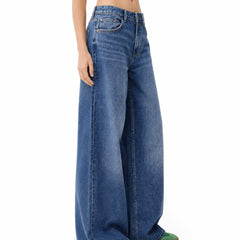 Side View Women's Wide Leg High Waist Relaxed Fit Medium Blue Denim Jeans - Eizaro