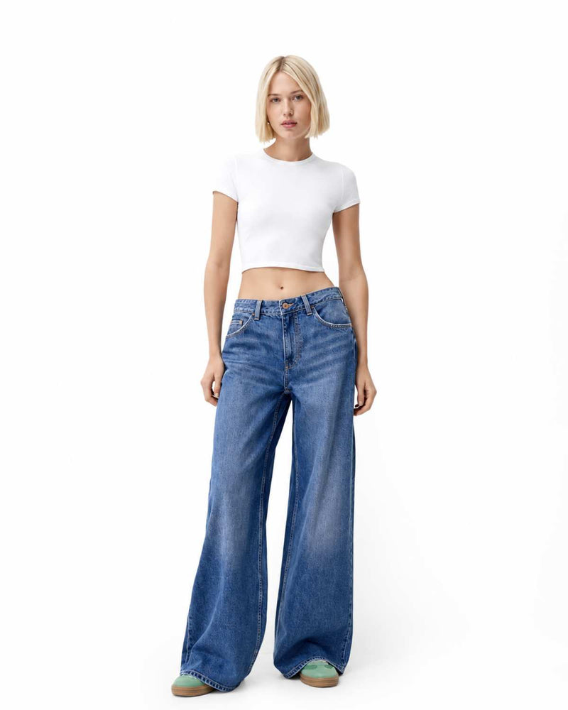 Styled Full Length View Women's Wide Leg High Waist Medium Blue Denim Jeans - Eizaro