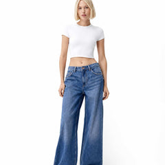Styled Full Length View Women's Wide Leg High Waist Medium Blue Denim Jeans - Eizaro