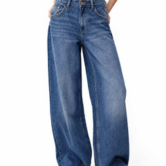 Women's Wide Leg High Waist Medium Blue Denim Jeans Front View - Eizaro