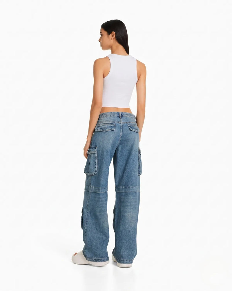 Back view of women's baggy cargo jeans in 100% pure blue denim