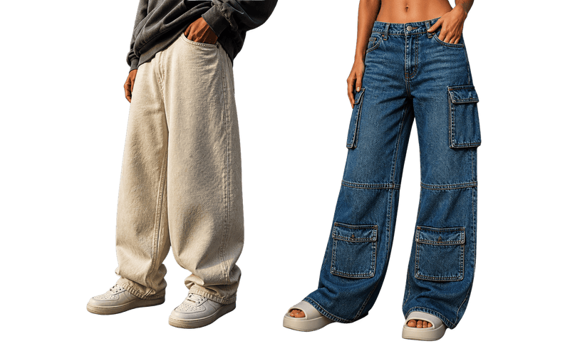  Wide 16:10 hero banner showing oversized streetwear pants, including cream baggy trousers and blue denim cargo jeans with pockets, styled in a modern urban fashion look on a dark patterned background.
