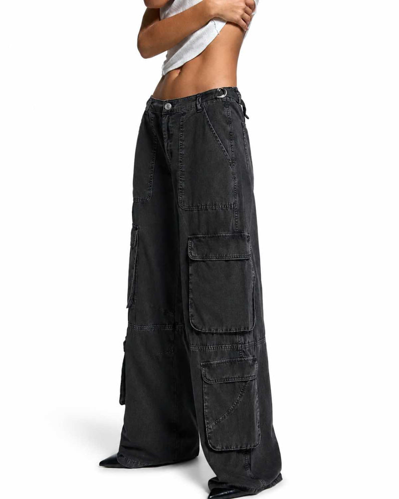 Back Side View Women's Baggy Cargo Trendy Wide Leg High Waist Dark Grey Denim - Eizaro