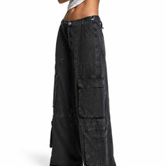 Back Side View Women's Baggy Cargo Trendy Wide Leg High Waist Dark Grey Denim - Eizaro