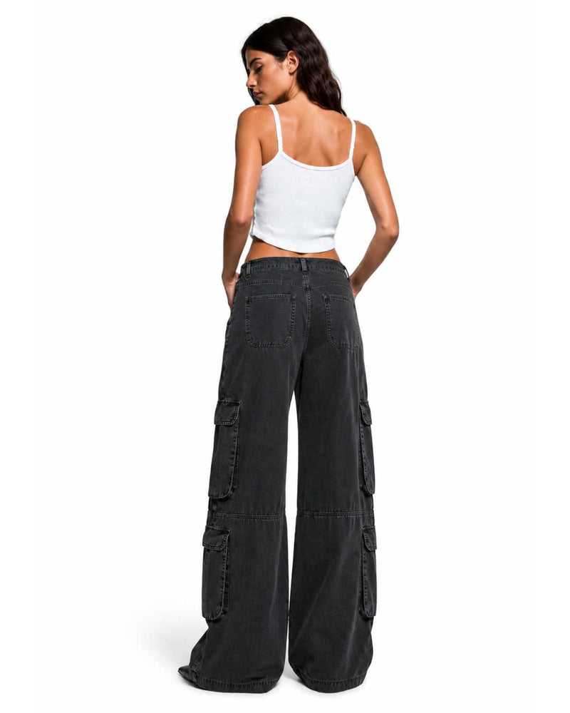 Eizaro Black Baggy Cargo Jeans Multiple Pocket Detail Pure Denim Women India