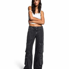 Eizaro Black Baggy Cargo Jeans Side Angle Wide Leg Full Length Women India