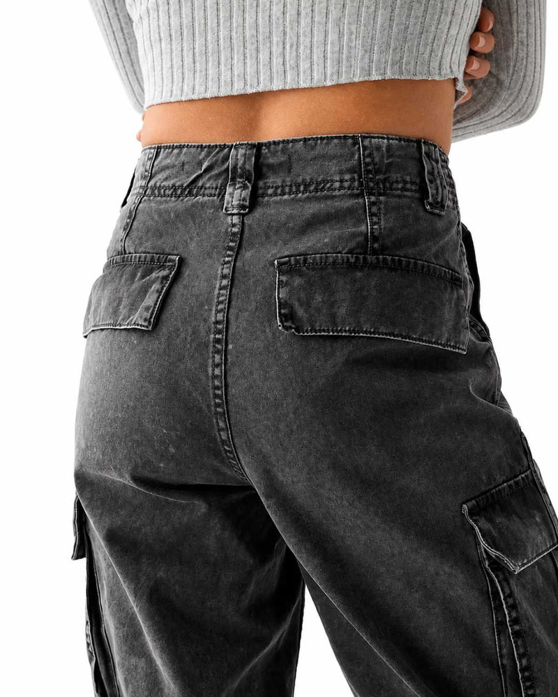 Eizaro Dark Grey Baggy Cargo Jeans Multiple Pocket Detail High Waist Women India