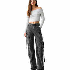 Eizaro Dark Grey Baggy Cargo Jeans Side Angle Wide Leg Pure Denim Women India