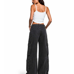 Women's Baggy Cargo Jeans Front Styled Relaxed Fit Wide Leg Dark Grey Denim - Eizaro