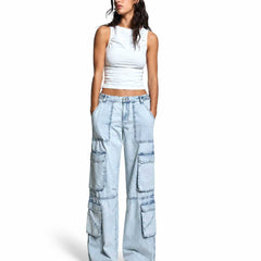 Eizaro Ice Blue Baggy Cargo Jeans Back Angle Street Style Casual Women India