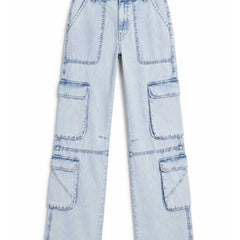 Eizaro Ice Blue Baggy Cargo Jeans Large Pocket Detail High Waist Women India
