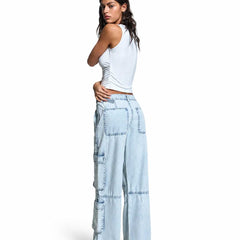 Eizaro Ice Blue Baggy Cargo Jeans Side Angle Wide Leg Full Length Women India