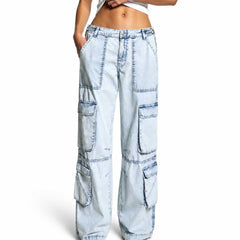 Eizaro Ice Blue Baggy Cargo Jeans Front View 100% Pure Denim High Waist India