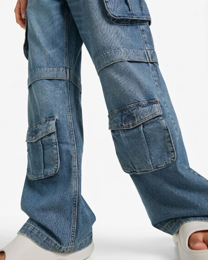 Eizaro Mid Blue Baggy Cargo Jeans Back Angle Street Style Casual Women India