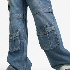 Eizaro Mid Blue Baggy Cargo Jeans Back Angle Street Style Casual Women India