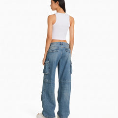 Eizaro Mid Blue Baggy Cargo Jeans Multiple Large Pocket Detail Pure Denim India
