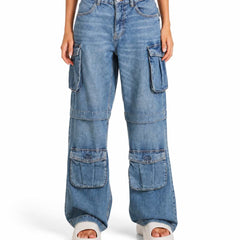 Eizaro Mid Blue Baggy Cargo Jeans Front View 100% Pure Denim High Waist Women India