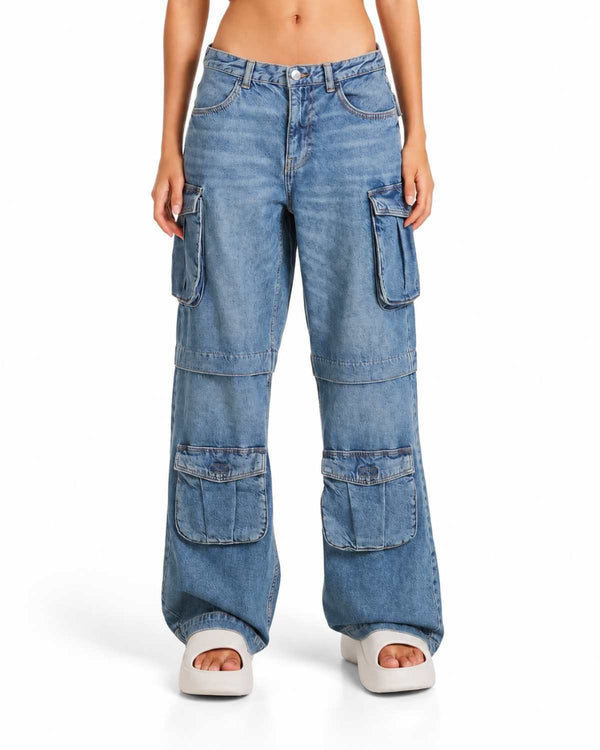 Eizaro Mid Blue Baggy Cargo Jeans Front View 100% Pure Denim High Waist Women India